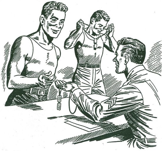 Drawing of WWII Dog Tags being Issued